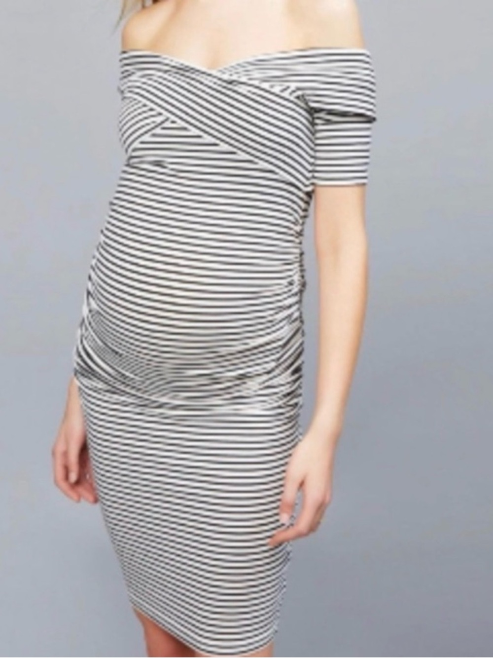 LED Lux Essentials  Denim Black and White Striped One-Shoulder Maternity Dress S